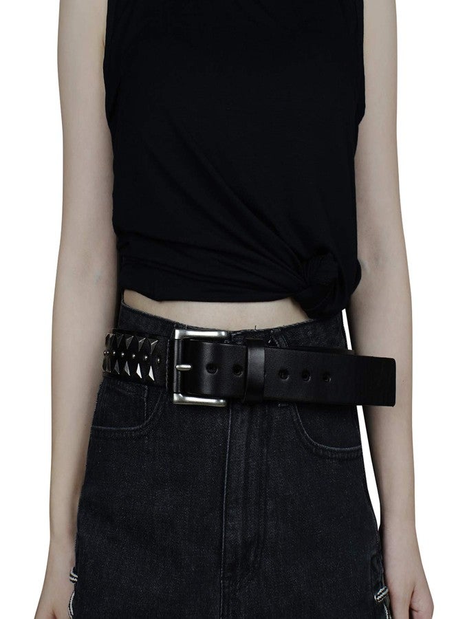 FIORETTO Womens Black Studded Leather Belt Italian Cowhide Leather Pyramid Stud Rivets Punk Belt for Jeans for Women - Image 3